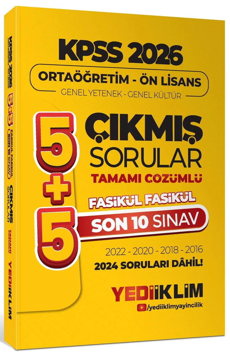 2026 Ortaöğretim-Önlisans Genel Yetenek Genel Kültür 5+5 Tamamı Çözümlü Son 10 Sınav Fasikül Fasikül Çıkmış Sorular(2024 Soruları Dahil)