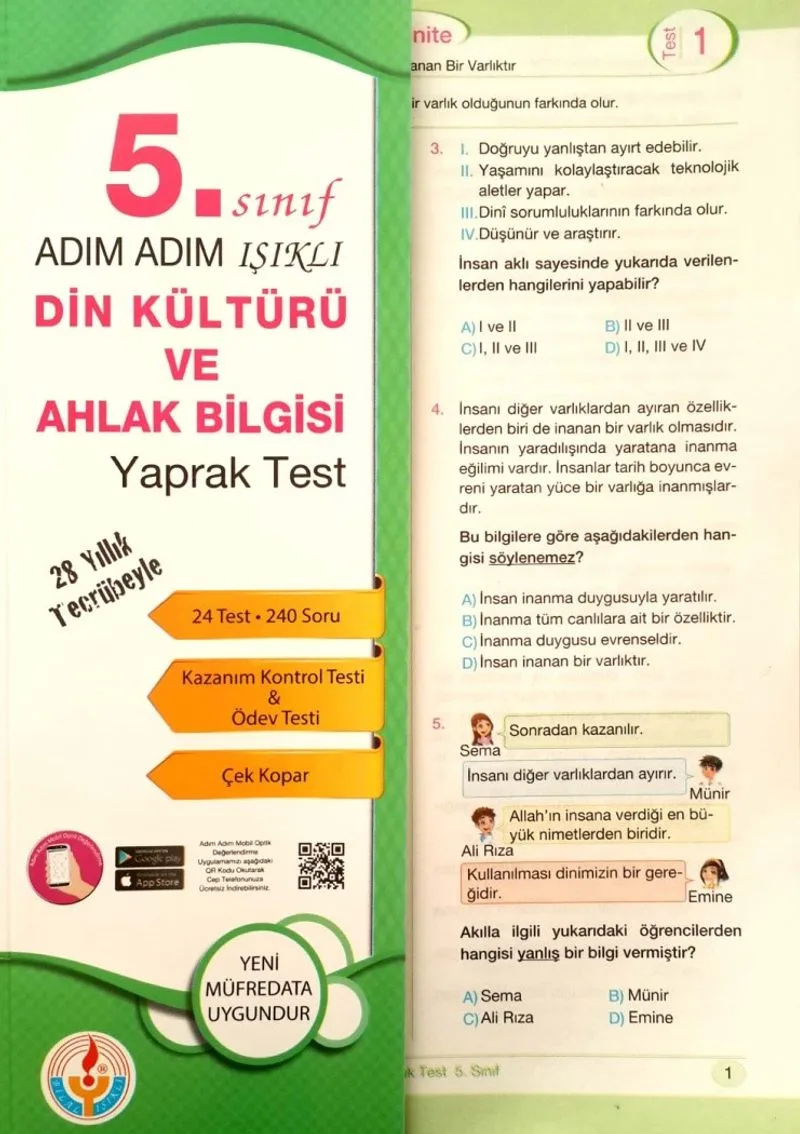 5. Sınıf Adım Adım Işıklı Din Kültürü ve Ahlak Bilgisi Yaprak Test