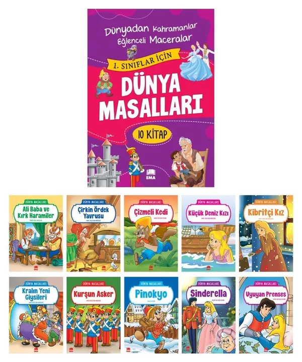 Dünya Masalları Seti 1. ve 2. Sınıflar İçin Eğik El Yazılı (10 Kitap Takım - Büyük Boy)