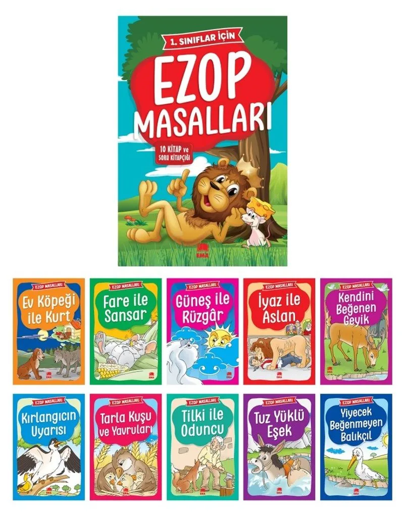 Ezop Masalları Seti 1 ve 2 Sınıflar için Düz Yazılı (10 Kitap Takım Küçük Boy)
