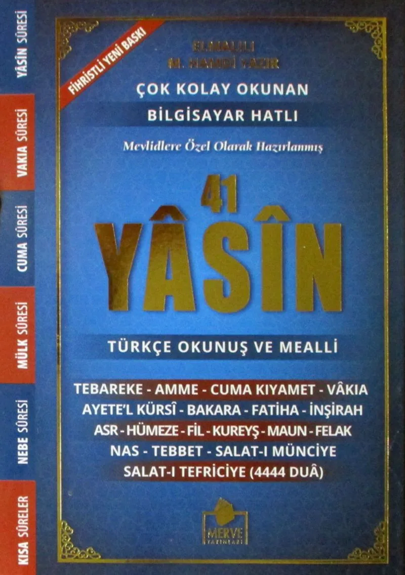 Fihristli 41 Yasin Bilgisayar Hatlı Türkçe Okunuşlu ve Mealli (Kod:006)