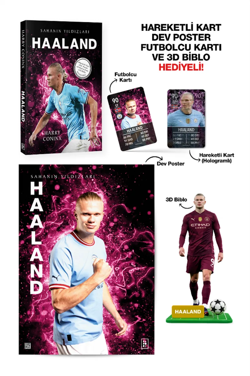 Haaland - Sahanın Yıldızları - 3D Biblo, Hareketli Kart, Dev Poster ve Futbolcu Kartı Hediyeli!