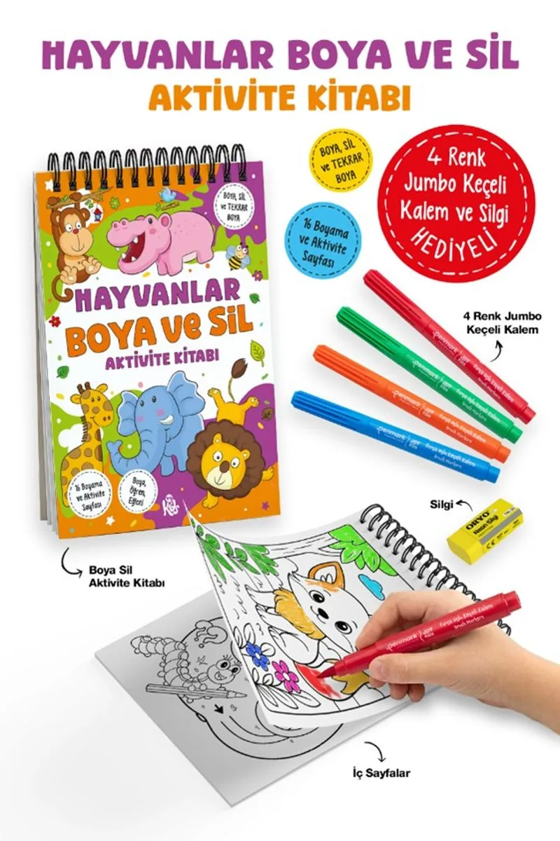 Hayvanlar / Boya ve Sil Aktivite Kitabı / 3 Yaş +