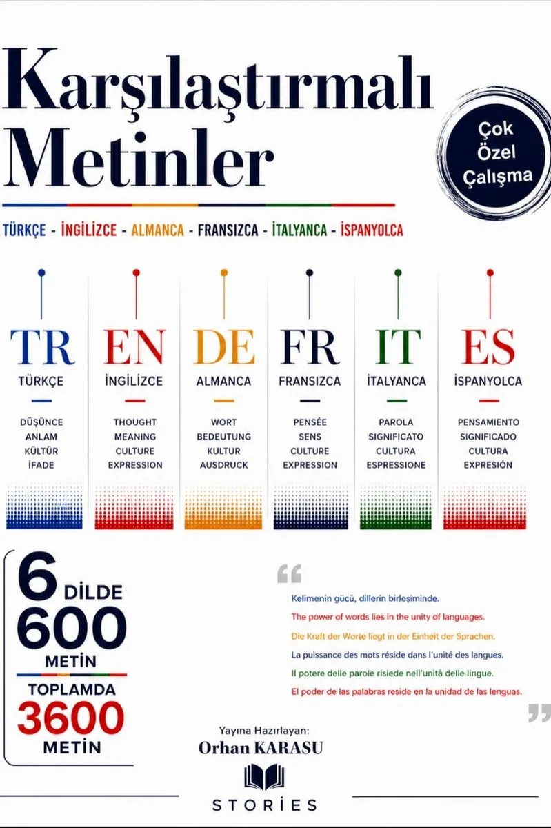 Karşılaştırmalı Metinler Türkçe-İngilizce-Almanca-Fransızca-İtalyanca-İspanyolca 6 Dilde 600 Farklı Metin Toplamda 3600 Metin