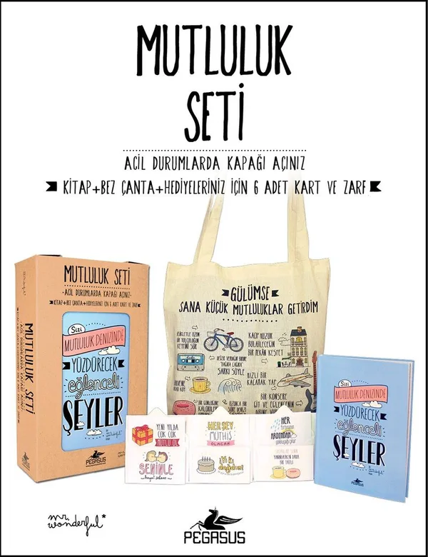 Mutluluk Seti (Kitap + Bez Çanta + Hediyeleriniz İçin 6 Adet Kart ve Zarf)