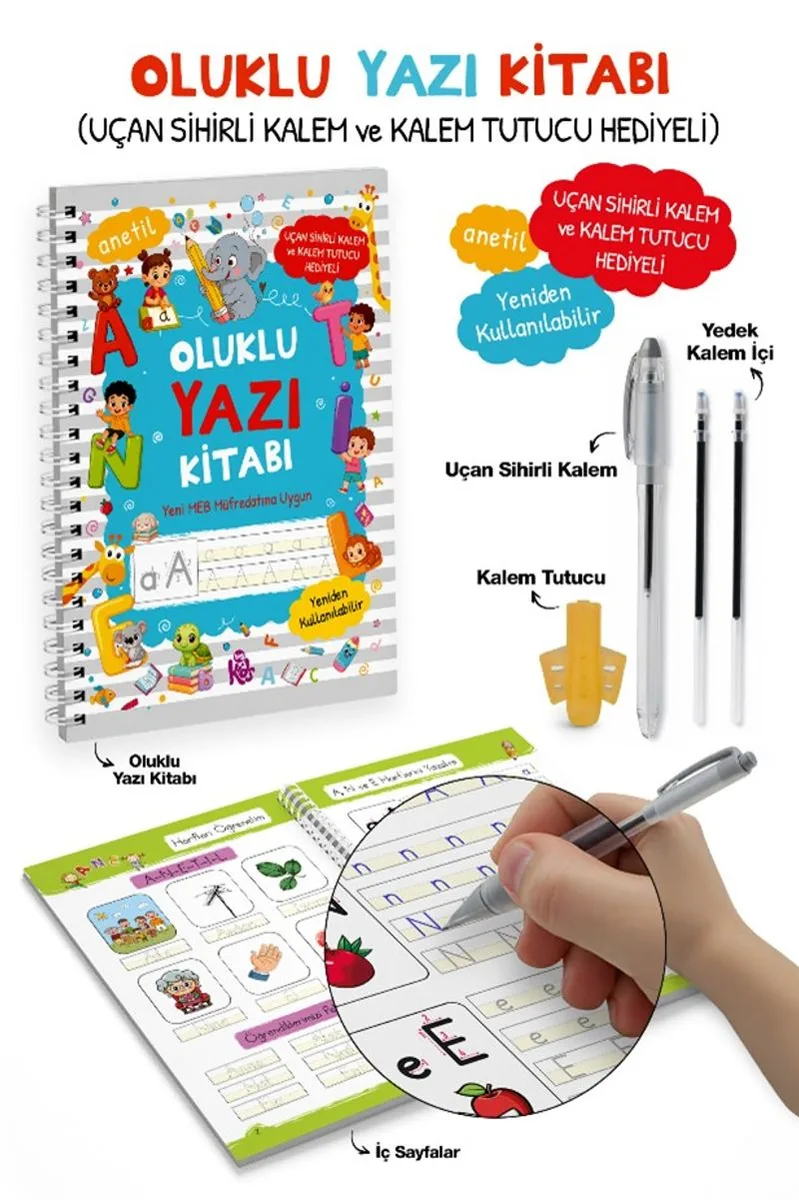 Oluklu Yazı Kitabı (Anetil) / Uçan Sihirli Kalem ve Kalem Tutucu Hediyeli