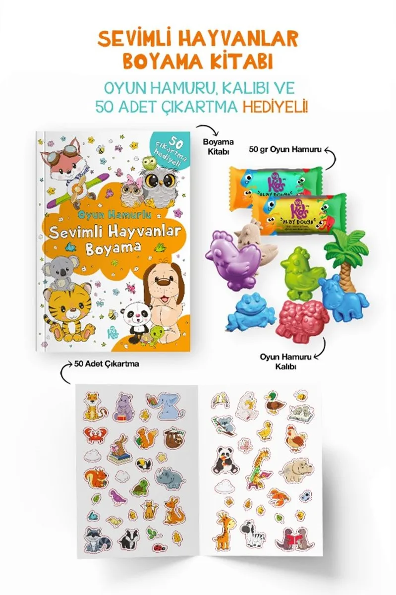 Sevimli Hayvanlar Boyama Kitabı - Oyun Hamuru, Oyuncak ve Çıkartma Hediyeli / 3 Yaş+