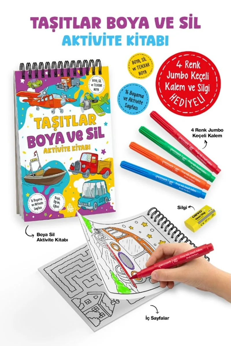Taşıtlar / Boya ve Sil Aktivite Kitabı / 3 Yaş+