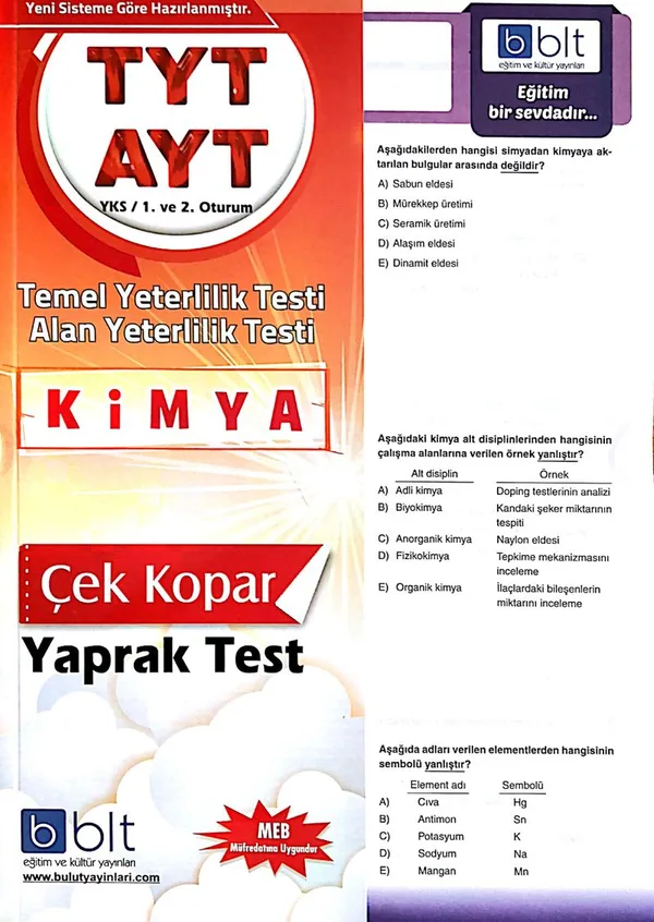 TYT AYT Kimya Çek Kopar Yaprak Test