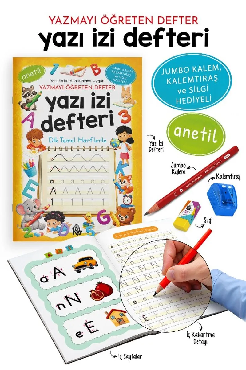 Yazı İzi Defteri - Yazmayı Öğreten Defter - Jumbo Kalem, Kalemtıraş ve Silgi Hediyeli